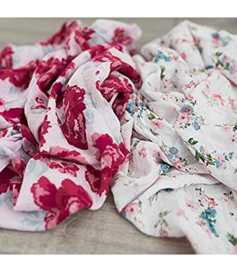 2 Pack Softest Bamboo Muslin Swaddle Blankets for Baby 70% Bamboo 30% Cotton XL 47"x 47" by Graced Soft Luxuries (Floral Garden)