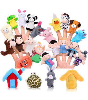Pllieay 24 Pieces Finger Puppets Set Cloth Plush Doll Baby Educational Hand Cartoon Animal Toys with 15 Animals, 6 People Family Members, 2 Pieces House and 1 Piece Carrot