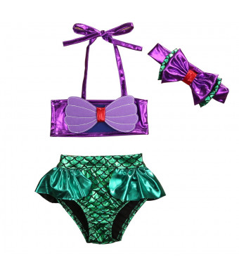 3Pcs/Set Kids Toddler Baby Girl Mermaid Swimsuits Halter Swimwear Bikini Set with Headband