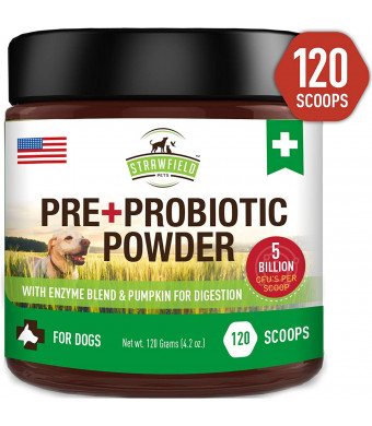 Probiotics for Dogs + Digestive Enzymes, Prebiotics, Pumpkin - 120 Grams 5 Billion CFU - Dog Probiotic Powder Supplement for Pet Allergy Relief, Constipation Immune Support Diarrhea Upset Stomach, USA