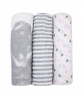 Feathers Swaddle Blankets - Premium Bamboo Cotton Muslin Baby Blankets - Heart Set