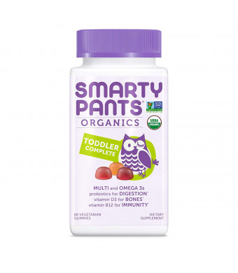 SmartyPants Vegetarian Organic Toddler Daily Gummy Vitamins: Multivitamins, Gluten Free, Non-GMO, Omega-3, Probiotic,* Vitamin D3, Methylcobalamin Vitamin B12, Zinc, 60 Count (30 Day Supply)