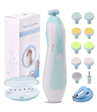 Baby Nail File Electric Nail Trimmer Manicure Set with Nail Clippers, Toes Fingernails Care Trim Polish Grooming Kit Safe for Infant Toddler Kids or Women, LED Light and 10 Grinding Heads (White/Teal)