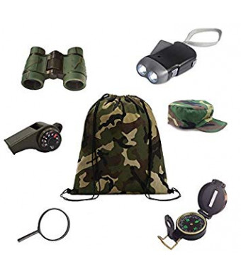 +New Recruits+ Kids Outdoor Backyard Exploration kit (7 Pieces) Adventure,Camping,Hiking Educational Toys/Gift Set  Backpack, Magnifying Glass, Flashlight,Compass,Binoculars,and Military Style hat