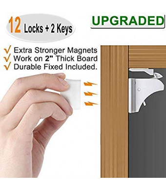 Baby Proofing Magnetic Cabinet Locks Child Safety - VMAISI 12 Pack Children Proof Cupboard Baby Latches - Adhesive Magnet Drawers Locks No Drilling