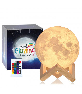 Mind-glowing 3D Moon Lamp - 16 LED Colors, Dimmable, Rechargeable Night Light (Large, 5.9in) with Wooden Stand, Remote and Touch Control - Nursery Decor for your Baby, Birthday Gift Idea for Women