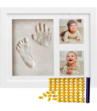 Baby Handprint Kit and Footprint Kit (FREE Date and Name Stamp) Clay Hand Print Picture Frame for Newborn - Best New Mom Gift - Foot Impression Photo Keepsake for Girls and Boys - White Feet Imprint Mold