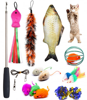 PETOY Cat Toys Set, Cat Retractable Teaser Wand, Catnip Fish, Interactive Cat Feather Toy, Mylar Crincle Balls, Two Cotton Mice, Two Fluffy Mouse