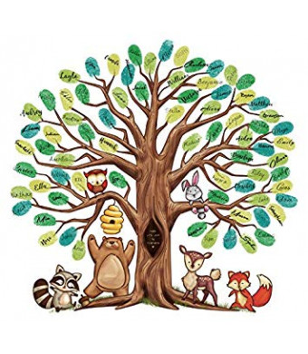 Fingerprint Tree Canvas - The Alternative to A Baby Shower Guest Book - with 25 Complimentary Good Advice Cards and Ink, Woodland