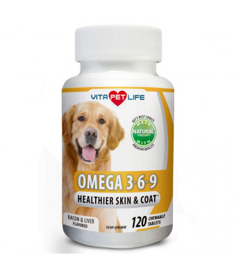 Vita Pet Life Omega 3 for Dogs, Fish Oil, Flaxseed Oil, Antioxidant, DHA EPA Fatty Acids, Brain Health, Shiny Coat, Itchy Skin Relief, Dry Skin, Immune System Support, Anti Inflammatory, 100% Natural