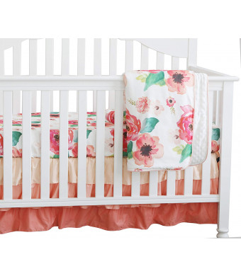 3 pcs Set Boho Floral Ruffle Baby Minky Blanket, Peach Floral Nursery Crib Skirt Set Baby Girl Crib Bedding (Coral)