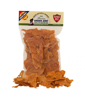 Green Butterfly Brands Chicken Jerky - Dog Treats Made in USA Only - One Ingredient: USDA Grade  A Chicken Breast - No Additives or Preservatives - Grain Free, All Natural Premium Strips 8 oz.