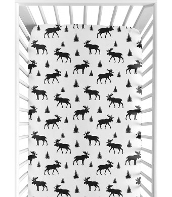 Sweet Jojo Designs Black and White Woodland Moose Baby or Toddler Fitted Crib Sheet for Rustic Patch Collection