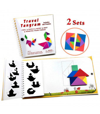 Tangram Travel Games 360 Magnetic Puzzles and Questions Build Animals People Objects with 7 Simple Magnetic Colorful Shapes Kid Adult Challenge IQ Educational Book2 Set of Tangrams