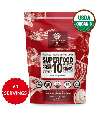 14:1 SUPERFOOD 10 Organic Mushroom Powder Extract Supplement- 100% Pure-USDA- Reishi-Chaga-Maitake-Cordyceps-Shiitake-Lions Mane-TurkeyTail-Oyster-Phellinus linteus-Wood Ear-Add to Coffee/Drinks-60g