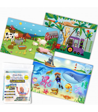 Klean Kids Disposable Placemats for Baby and Kid's Table - Farm, Sea Life, Zoo Train Animals - Sticky Topper - 60 Pack in 3 Designs