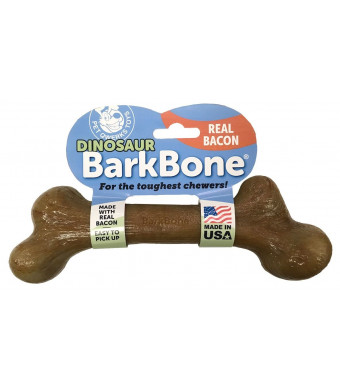 Pet Qwerks Dinosaur BarkBone with Real Bacon Dog Chew Toy for Aggressive Chewers, Made in USA