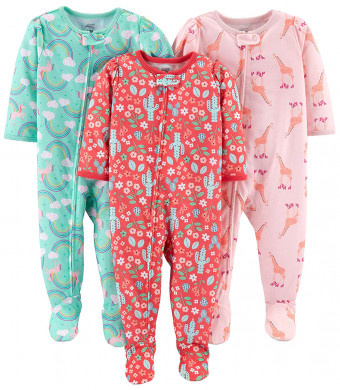 Simple Joys by Carter's Baby and Toddler Girls' 3-Pack Loose Fit Polyester Jersey Footed Pajamas