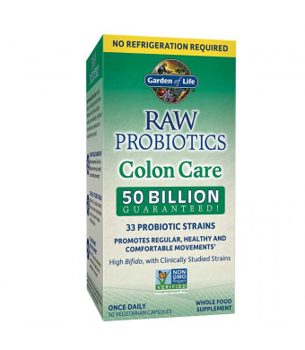 Garden of Life RAW Probiotics Colon Care Shelf Stable - 50 Billion CFU Guaranteed through Expiration - Once Daily - Certified Non-GMO and Gluten Free - No Refrigeration - 30 Vegetarian Capsules