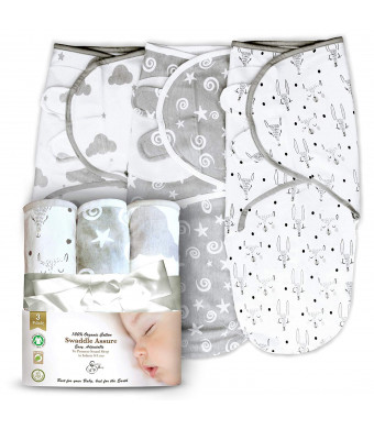 3 Pack Organic Cotton Adjustable Infant Swaddles for Safe and Sound Sleep, Self Fastening, Ages 0-3 Months