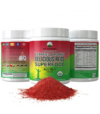 Organic Reds Superfood Powder. Best Tasting Organic Red Juice Super Food with 25+ All Natural Ingredients and Polyphenols. Vital for Max Energy + Detox. Raspberry, Elderberry, Beetroot