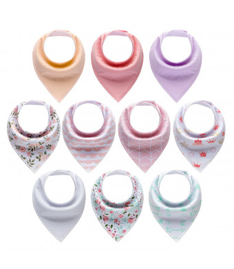 10-Pack Baby Bandana Drool Bibs for Girls with Adjustable Snaps, Organic Cotton Soft and Absorbent Newborn Baby Shower Gift, Toddler Girl Solid Color Bibs for Drooling and Teething by MiiYoung