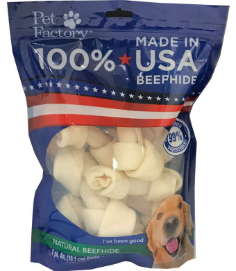Pet Factory 78114 Beefhide Dog Bones 4-5" 8 Pack, 99% Digestible Rawhide Treats, 100% Natural Rawhide Knotted Bones, Natural Flavor, Resealable Package, Made in USA