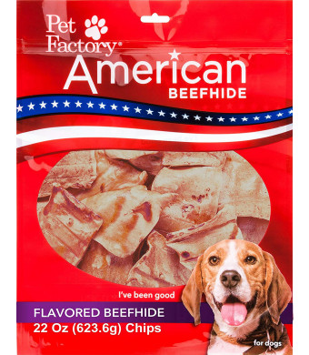 Pet Factory American Beefhide Chews 28382 Rawhide PEANUT BUTTER Flavored Chips for Dogs. American Beefhide is a Great Source for Protein and Assists in Dental Health. Large 22 Ounce Resealable Package