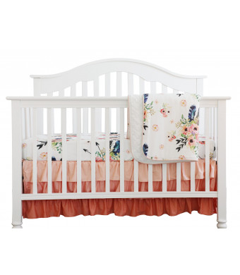 Boho Coral Feather Floral Ruffle Baby Minky Blanket Peach Floral Nursery Crib Skirt Set Baby Girl Crib Bedding Feather Blanket (Feather Floral 3pc set)