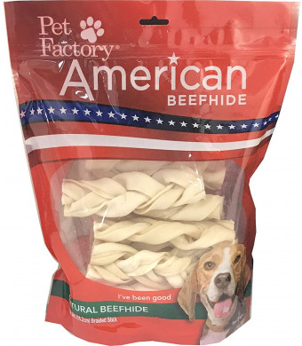 Pet Factory American Beefhide Chews 28219 Rawhide Natural Flavor 6" Braided Stick for Dogs. American Beefhide is a Great Source for Protein and Assists in Dental Health. 14 Pack, Resealable Package
