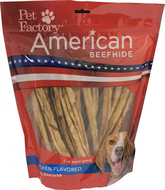 Pet Factory American Beefhide Chews 28225 Rawhide Chicken Flavor 10" Thin Rolls for Dogs. American Beefhide is a Great Source for Protein and Assists in Dental Health. 35 Pack, Resealable Package