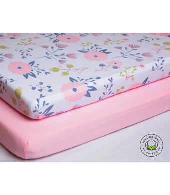Pickle and Pumpkin Premium Graco Pack n Play Mattress Sheet | 100% Organic Jersey Cotton Pack and Play Fitted Sheet | 2 Pack | Perfect for Graco Playard and Playpen Mattress | Floral and Pink Design