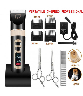 Dog Grooming Clippers 3-Speed Professional Rechargeable Cordless Electric Pet ClippersandHair trimmer Tool Kit/Set for Thick Coats Dogs/Cats/Horses with LED Screen Indication Intelligent Protection