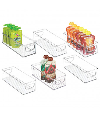 mDesign Stackable Plastic Kitchen Pantry Cabinet, Refrigerator or Freezer Food Storage Bins with Handles - Organizer for Fruit, Yogurt, Squeeze Pouches - Food Safe, BPA Free, 10" Long, 6 Pack - Clear