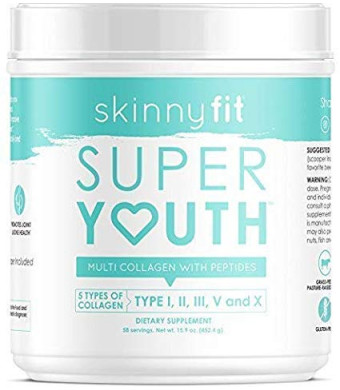 SkinnyFit Super Youth: 5 Types of Collagen Peptides, Hydrolyzed Powder Supplement for Joint and Bone Support, Glowing Skin, Strong Hair and Nails (58 Servings), Pasture Raised, Grass Fed, Cage Free