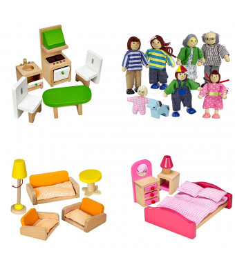 Dragon Drew Dollhouse Furniture Set - Wooden - Living Room, Bedroom and Kitchen Accessories, Family Members, Pet  100% Natural Wood, Nontoxic Paint, Smooth Edges
