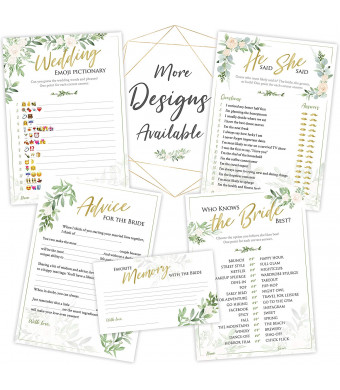 Bridal Shower Games | Set of 5 Games | 50 Sheets Each | Floral Rustic Greenery Themed | Includes Marriage Advice Cards, Emoji Game, and Favorite Memory