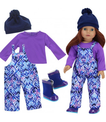 Sophia's 18 Inch Doll Clothes Set of Ikat Style Print Bib Girl Doll Snow Overalls, Purple T, Navy Hat and Doll Boots, Perfect for American Dolls and More!