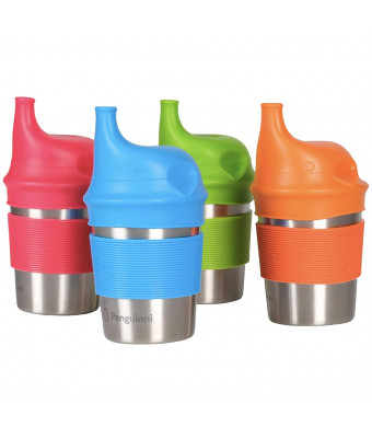 Silicone Lids and Stainless Steel Sippy Cups by Penguinni - 8oz Cup - 4 Pack - Spill Proof and No Leaks - Non Plastic and BPA Free - for Toddler Kids - Eco-Friendly - with Free LID Replacements