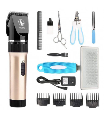 CEENWES Pet Clippers (Upgrade Version) Low Noise Professional Dog Clippers Rechargeable Cordless Pet Clipper Trimmers Pet Hair Grooming Kit with Slicker Brush for Cats Dogs and Other Animals