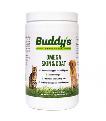 Buddy's Essential Dog Supplements and Dog Vitamins, Omega Skin and Coat Chews for Dogs and Cats - 180 Soft Chews - Rich with EPA and DHA- Salmon Fish Oil - Supports Healthy Skin and Coat