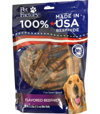 Pet Factory 78140 Beefhide | Dog Chews, 99% Digestive, Rawhides to Keep Dogs Busy While Enjoying, 100% Natural, Beef Flavored Mini Rolls, Pack of 35 in 3-3.5" Size, Made in USA