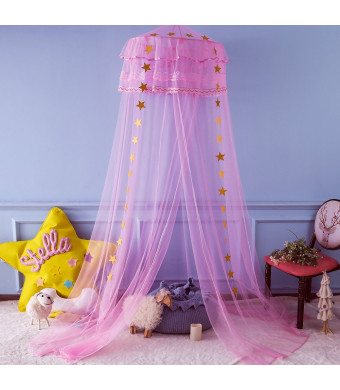 Twinkle Star Kids Mosquito Netting Princess Bed Canopy 3 Layers Lace Ruffle Dome for Baby, Girls (Pink)