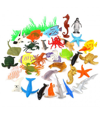 Auihiay 36 Pieces Ocean Sea Animals Assorted Mini Vinyl Plastic Animal Toy Set Realistic Under The Sea Life Figure Bath Toy for Child Educational