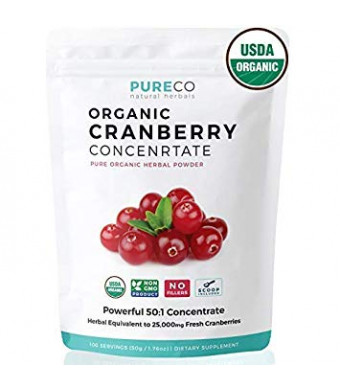 USDA Organic Cranberry Concentrate (50:1) Powder - 500mg is Equivalent to 25,000mg of Fresh Cranberries - For Kidney Cleanse and UTI Support Vitamins - Fruit Extract Supplement - 100 Servings - No Pills