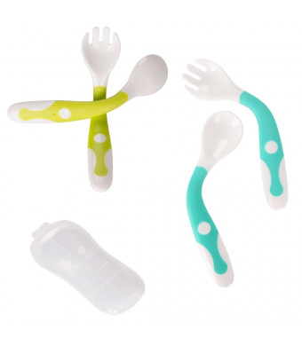 Baby Utensils Spoons Forks Set with Travel Safe Case Toddler Babies Children Feeding Training Spoon Easy Grip Heat-Resistant Bendable Soft Perfect Self Feeding Learning Spoons 2 Sets
