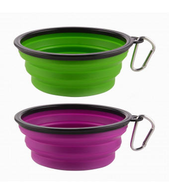 Guardians Large Collapsible Dog Bowls, 34oz Portable Foldable Water Bowls Food Dishes with Carabiner Clip for Travel, 2 Pack (Purple+Green)