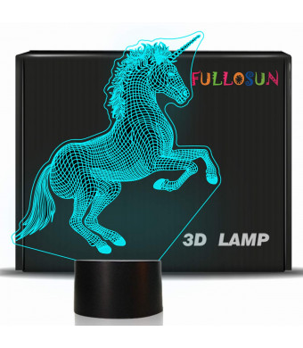 FULLOSUN Unicorn 3D Night Light, Decorative LED Bedside Table Lamp for Kids Room Xmas Birthday Gifts for Boys Girls Child