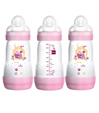 MAM Baby Bottles for Breastfed Babies, MAM Bottles Anti Colic, Girl,"Time for Love" Designs, 9 Ounces, 3-Count