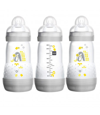 MAM Baby Bottles for Breastfed Babies, MAM Bottles Anti Colic, Gray, Designs May Vary, 9 Ounces, 3-Count